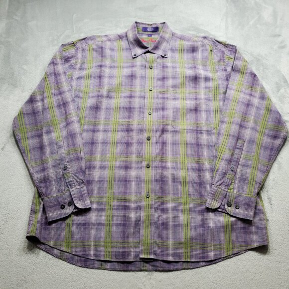 Alan Flusser Button Down Long Sleeve Plaid Shirt Purple White Brown Mn Sz L - Picture 1 of 9